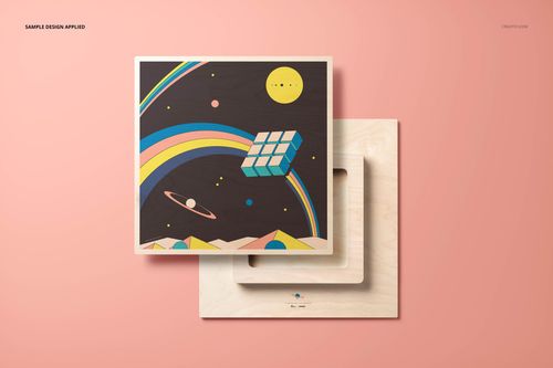 Mockup of square plywood wall art with a vibrant space-themed illustration, shown from a top view on a pastel surface.