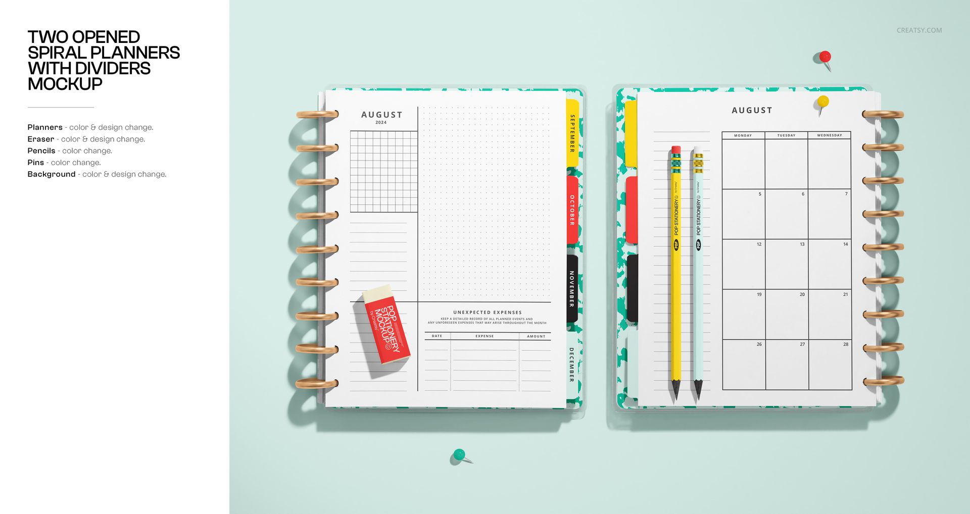 Stationery mockup featuring open planners, yellow pencil, eraser, and push pins on a pastel blue background.