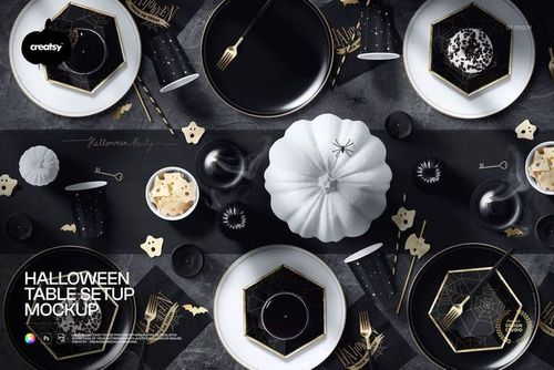 Halloween table mockup featuring black and gold plates, pumpkin decor, and themed snacks in a stylish arrangement.