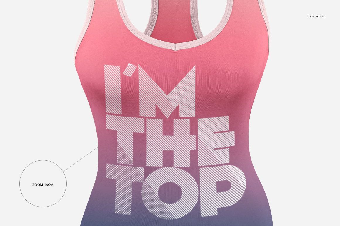 Front view of a women's tank top mockup with a pink to purple gradient and bold white text design on a white background.