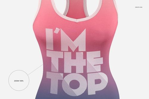 Front view of a women's tank top mockup with a pink to purple gradient and bold white text design on a white background.