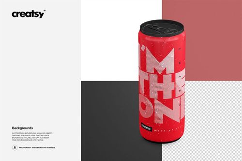 Tall energy drink can mockup with bold white text on a red background, shown from a front angle with water droplets.