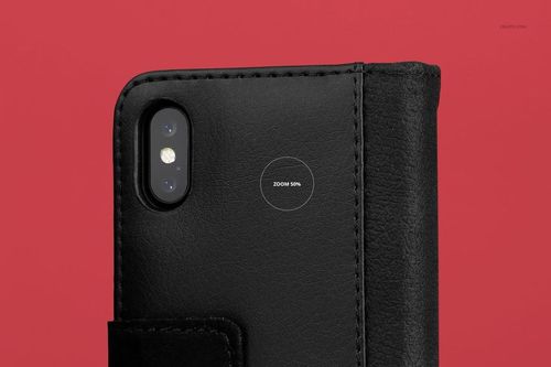 Black iPhone X foldable case mockup shown in a detailed front perspective with a red backdrop.