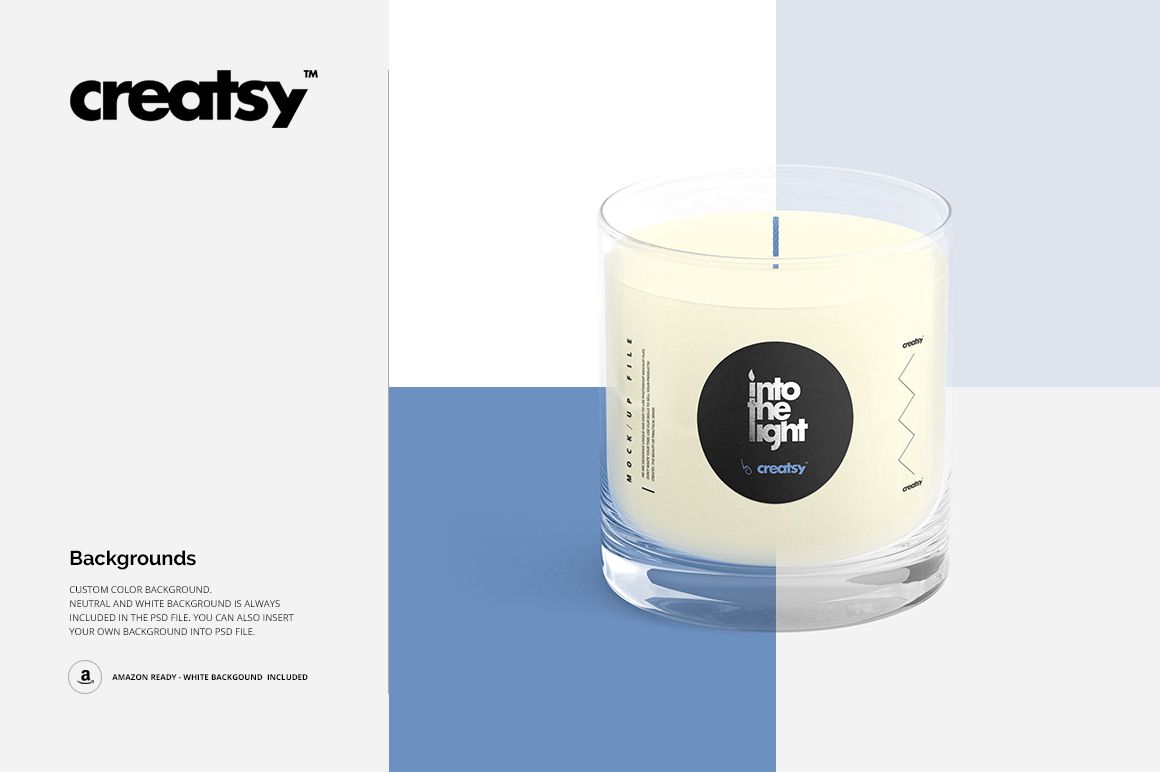 Scented candle mockup in a transparent glass jar with white wax, black label, and blue wick, displayed front-facing.