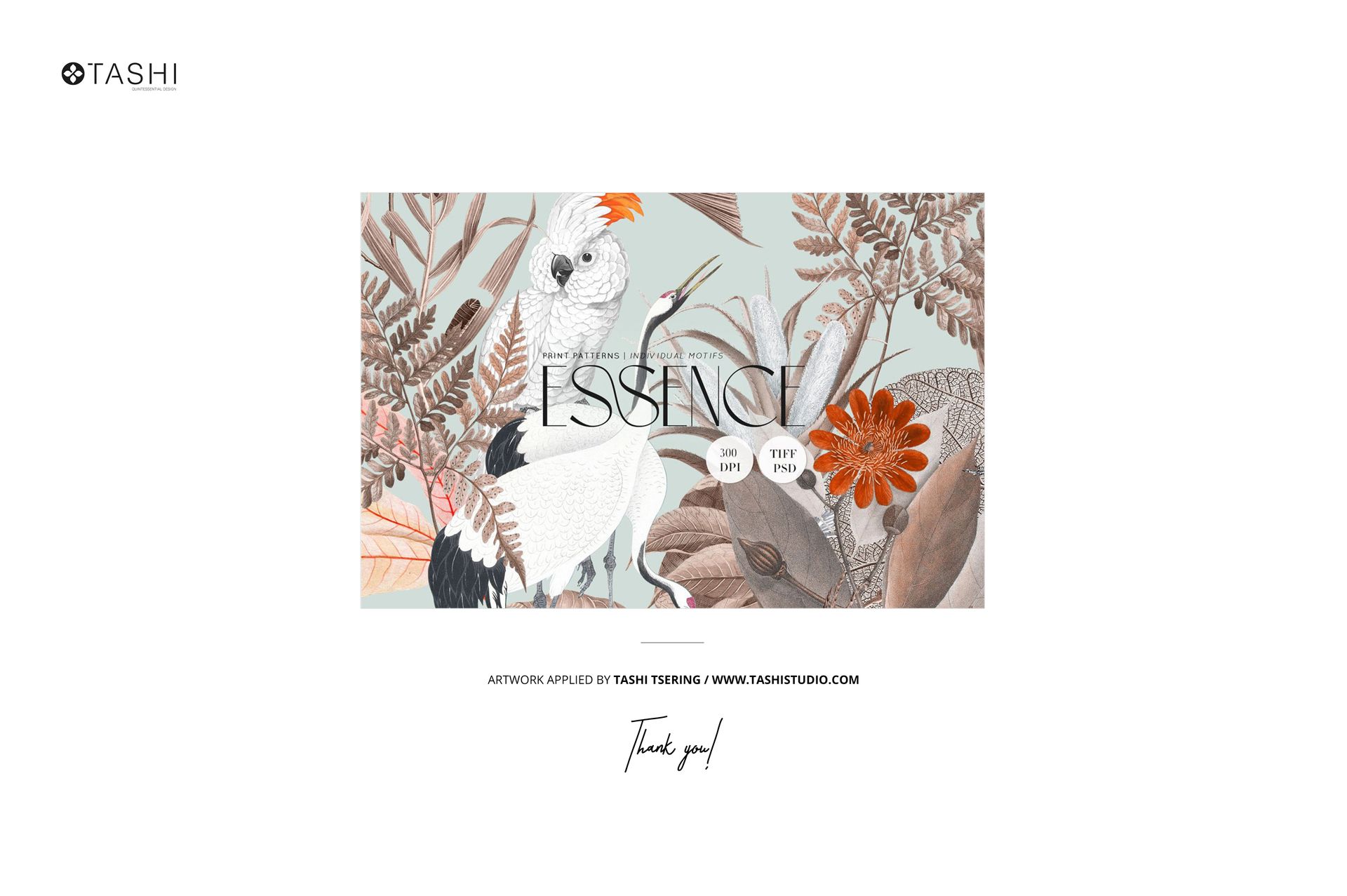 Front view of a silk scarf mockup hanging on a hanger, featuring a botanical and bird illustration in muted tones.