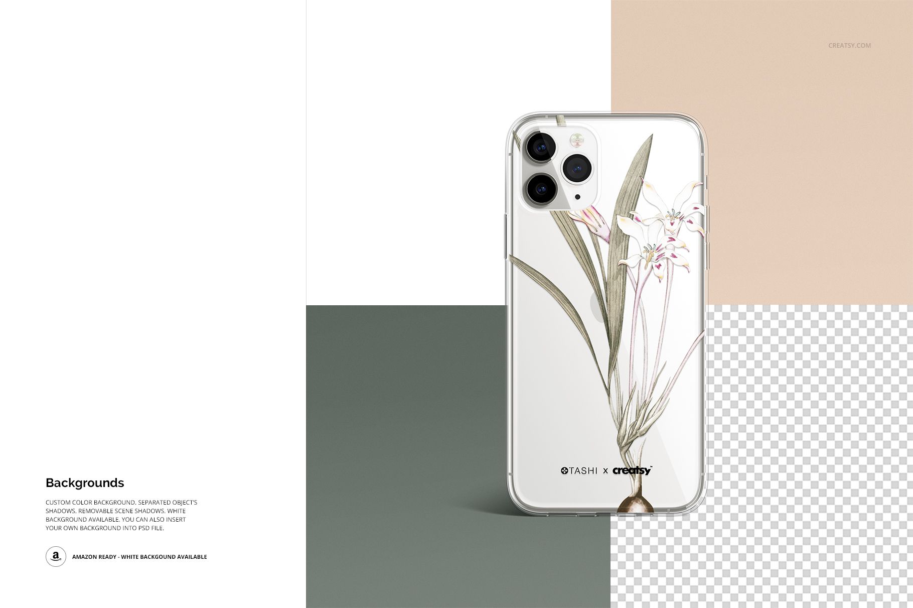 iPhone 11 Pro clear case mockup featuring floral artwork, shown from the back on a multi-color panel backdrop.