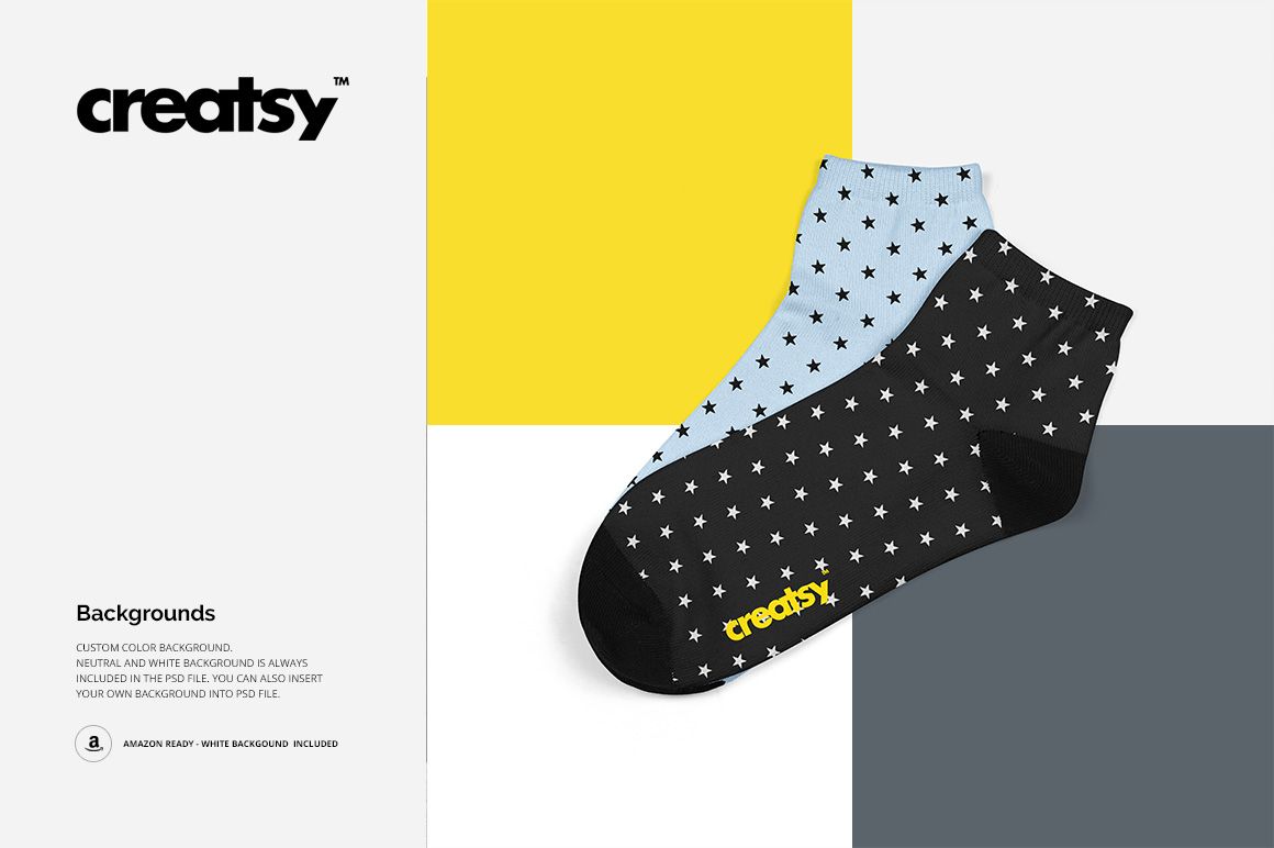 Mockup of two sublimation socks, one light blue and one black, both featuring white stars, shown from a top view.