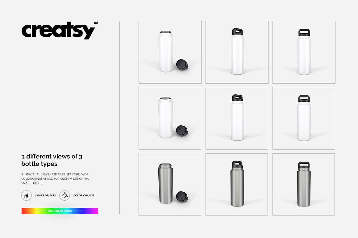 PSD mockup of 36oz stainless steel tumblers in various finishes, arranged in a grid with removable lids visible.