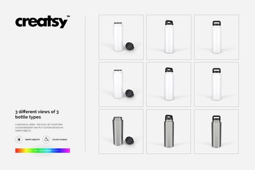 PSD mockup of 36oz stainless steel tumblers in various finishes, arranged in a grid with removable lids visible.