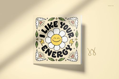 Square folded greeting card mockup featuring a cheerful daisy illustration and bold text on a beige background.