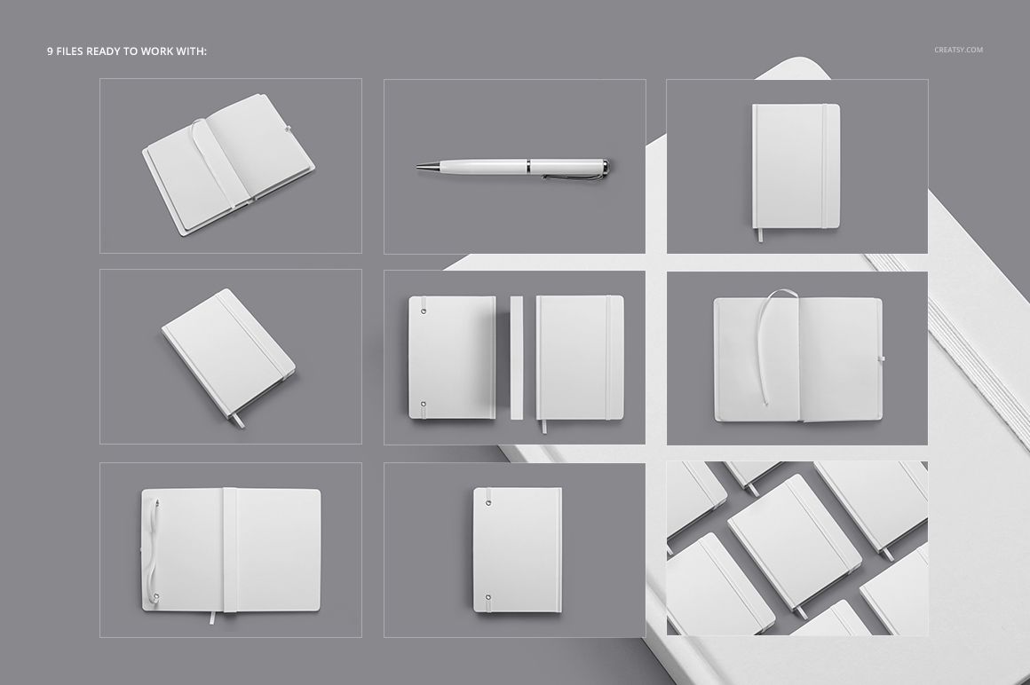 Set of planner mockups displayed in various angles, including open and closed views, with a pen on a gray background.