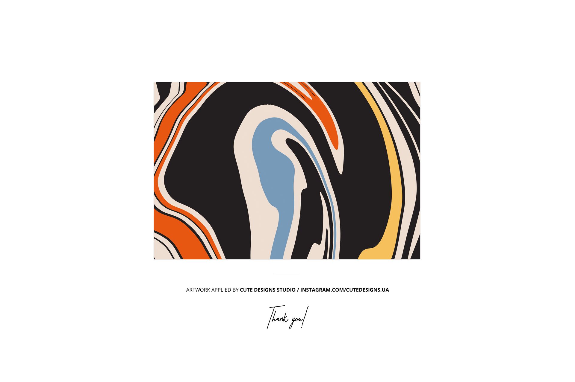 Abstract swim cap mockup featuring swirling patterns in black, orange, beige, and blue on a white background.