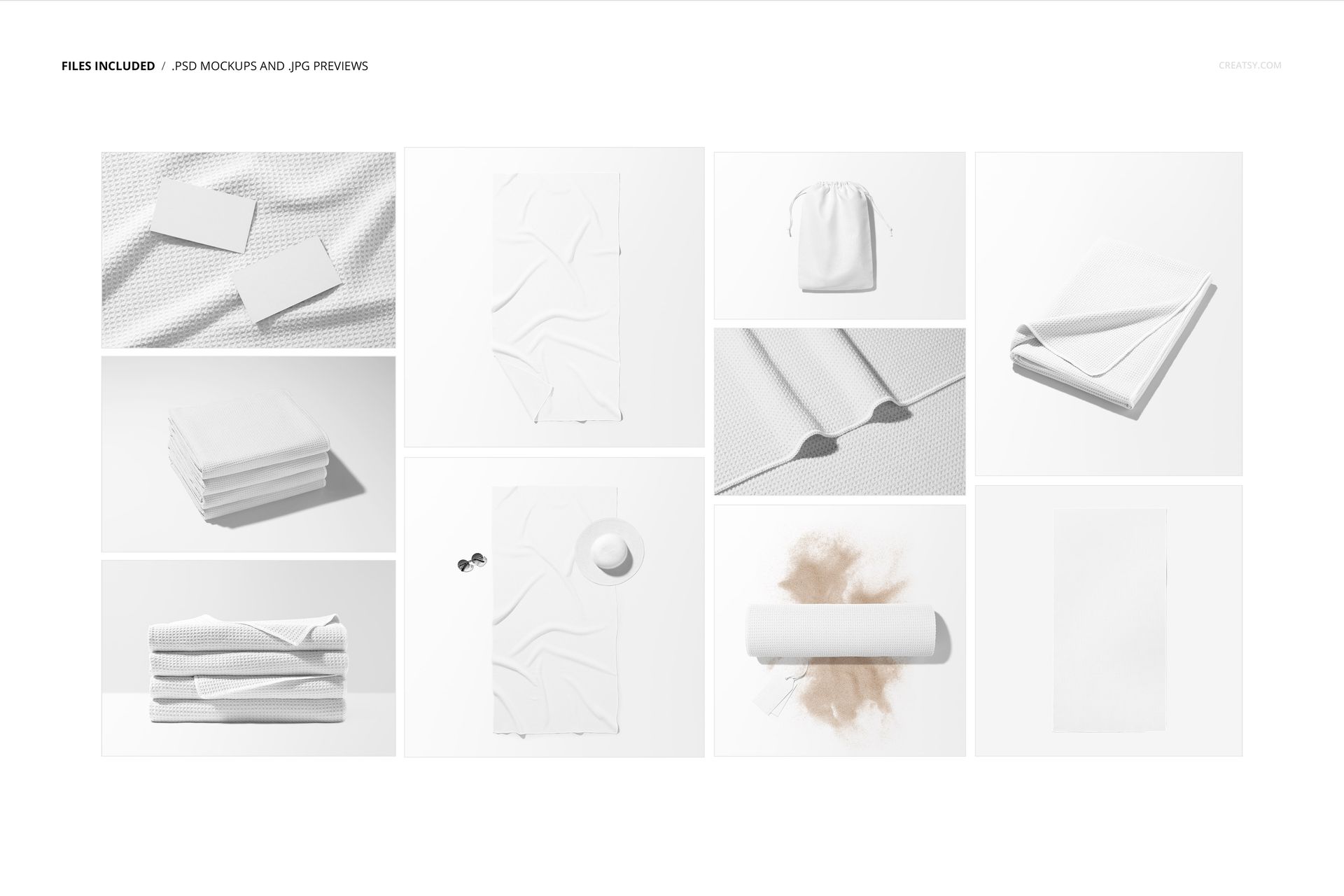 Waffle beach towel mockup set featuring folded and rolled towels, drawstring pouch, and top view layouts on a white background.
