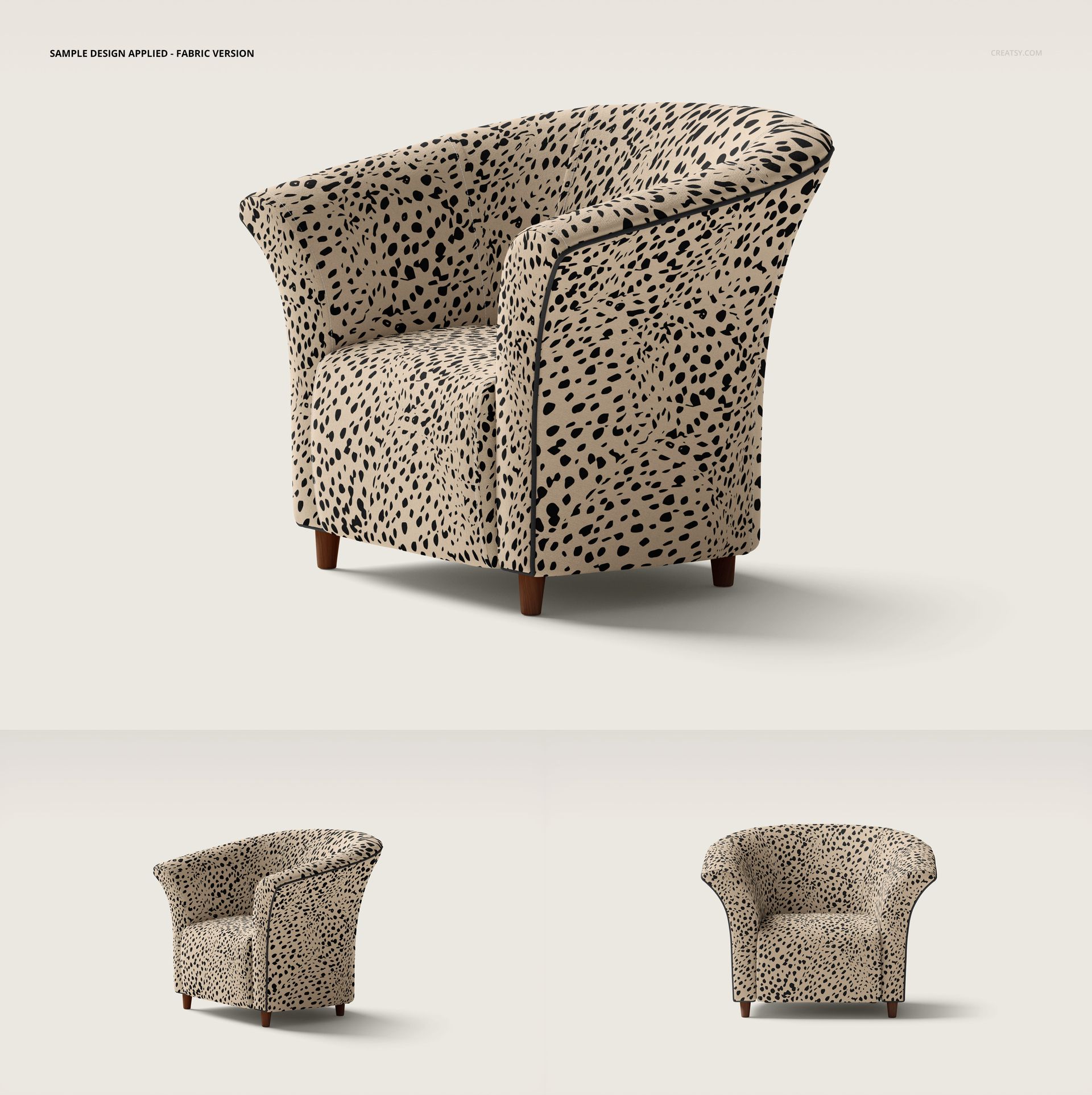PSD mockup of a tub armchair featuring a rounded shape and animal print upholstery, shown from multiple perspectives.