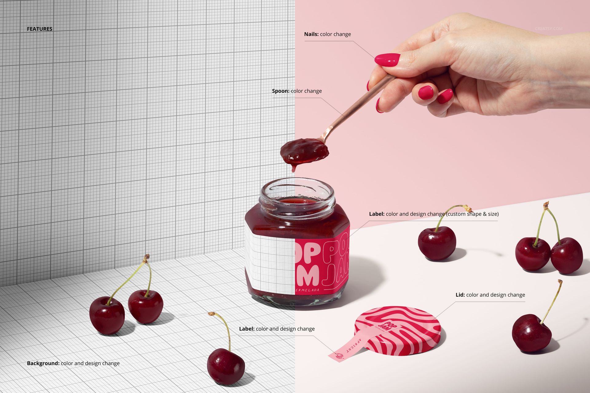 Cherry jam jar mockup with a pink patterned label, fresh cherries, and a hand holding a spoon on a split background.
