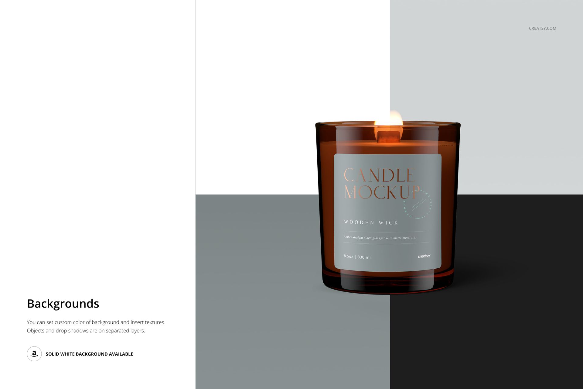 Front-facing amber glass candle jar mockup with lit wooden wick, displayed against a two-tone gray and white backdrop.