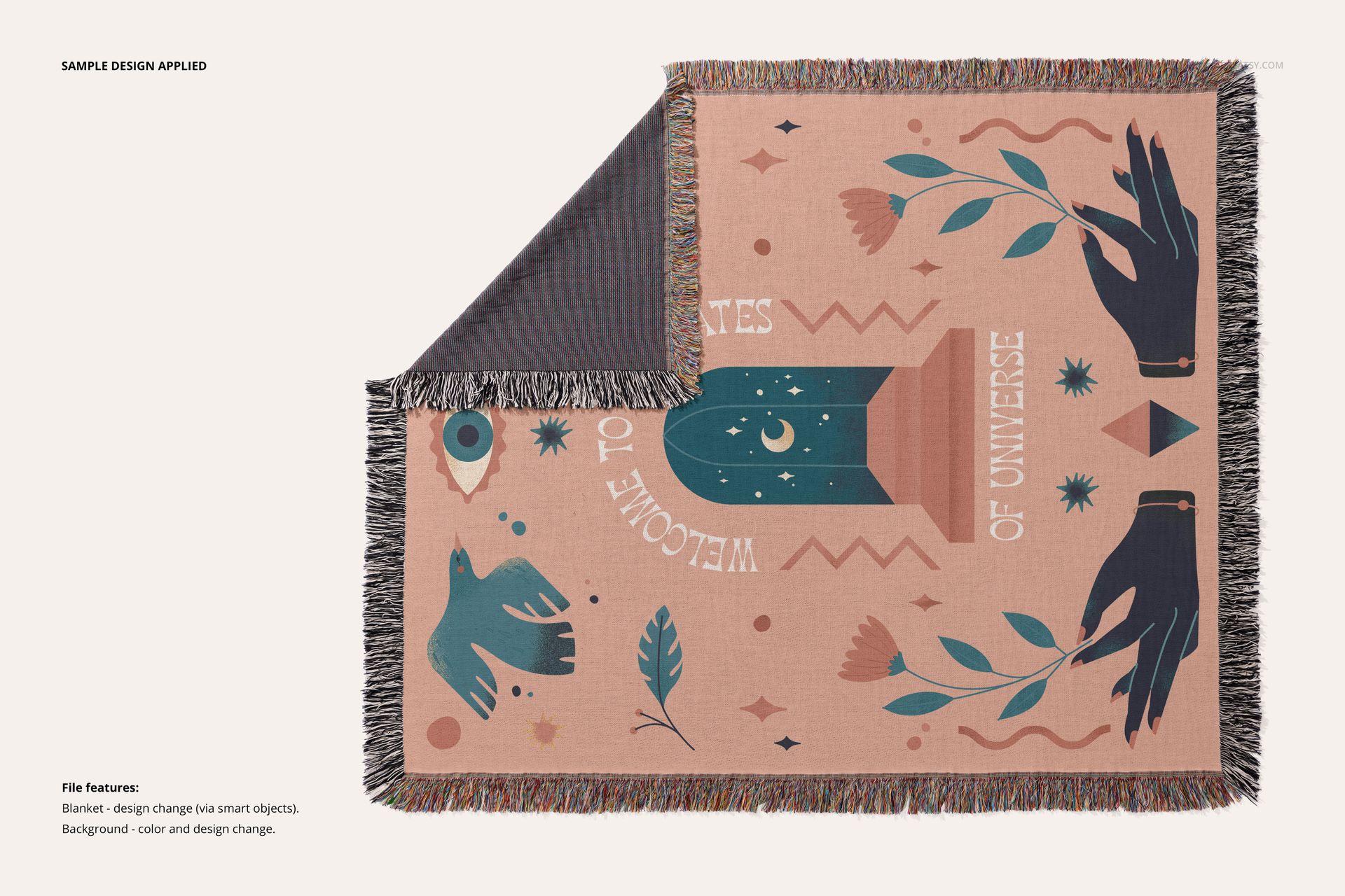 Jacquard woven throw blanket mockup with fringed edges, featuring abstract hands and nature motifs on a peach background.