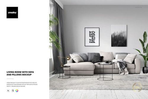 Contemporary living room mockup featuring a beige sofa with pillows, minimalist decor, and framed artwork on the wall.
