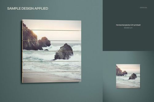 Mockup of ocean scene on planked wood wall art, showing waves and rocks with a soft color palette and horizontal lines.