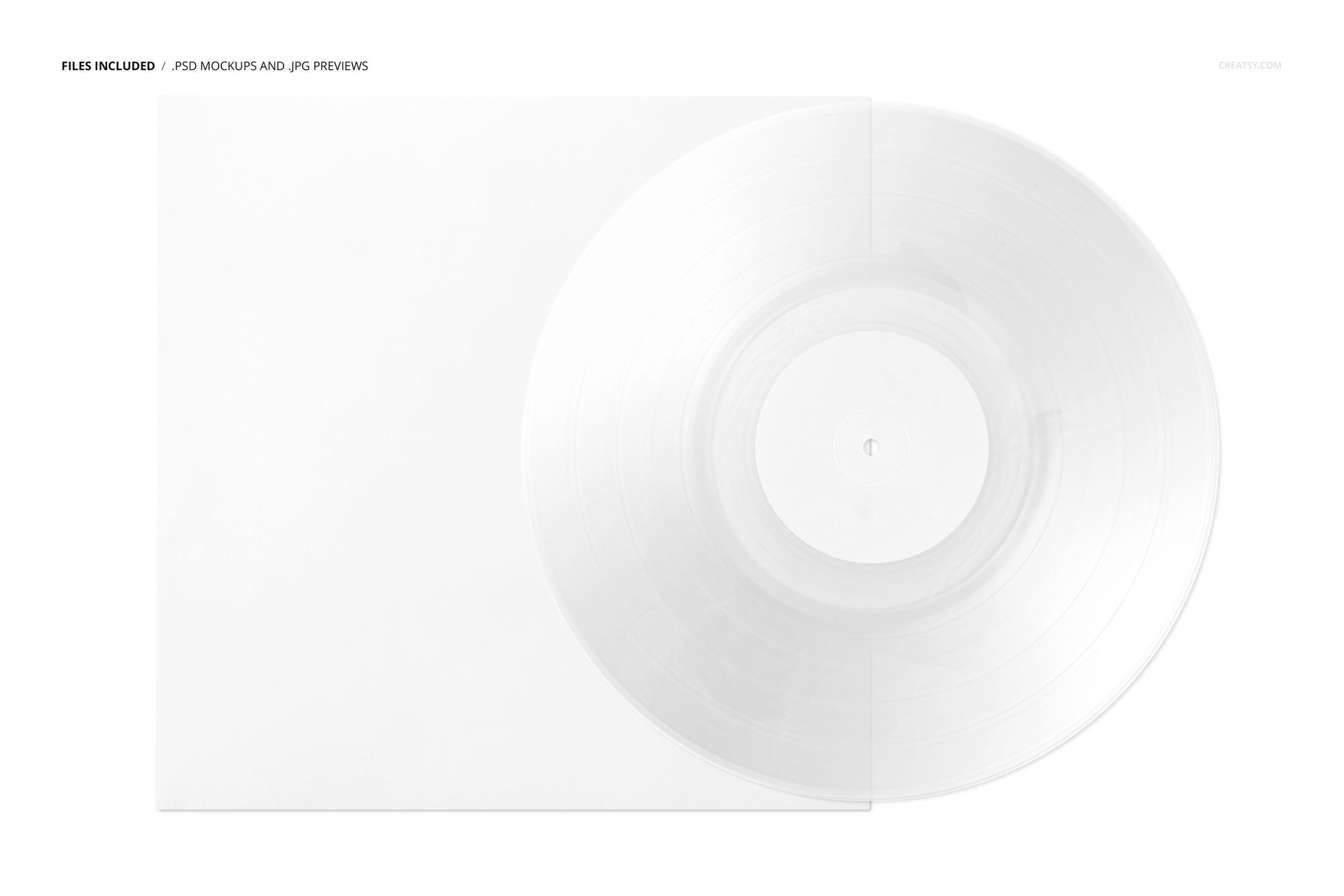 PSD mockup featuring a clear marbled vinyl record emerging from a simple white cover, set against a neutral background.