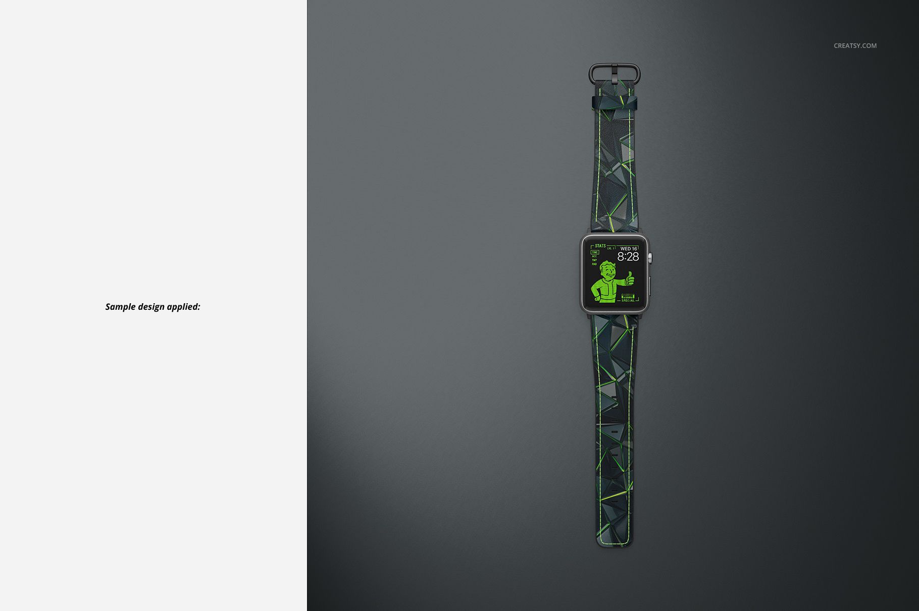 Apple Watch leather band mockup with green and black geometric design, shown from above against a gradient gray surface.