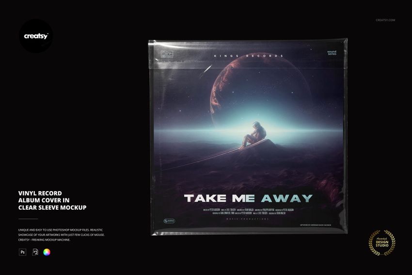 Vinyl record album cover mockup in transparent sleeve, showing space-themed artwork with a figure and large planet.