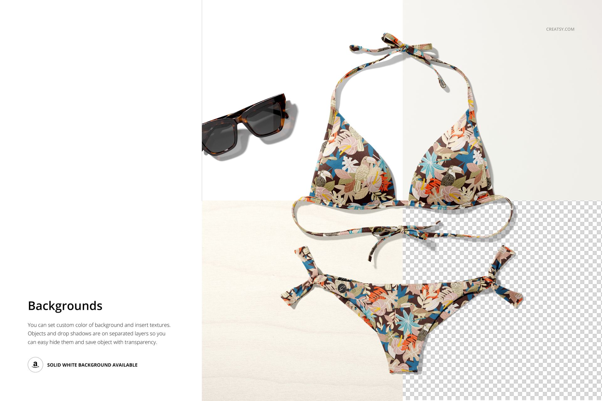 Bikini mockup featuring a tropical floral design, arranged flat with a pair of sunglasses on a neutral background.