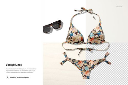 Bikini mockup featuring a tropical floral design, arranged flat with a pair of sunglasses on a neutral background.