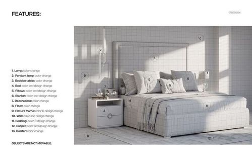 Front view of a stylish hotel-inspired bedroom mockup with wall art, grid bedding, and matching bedside tables and lamps.