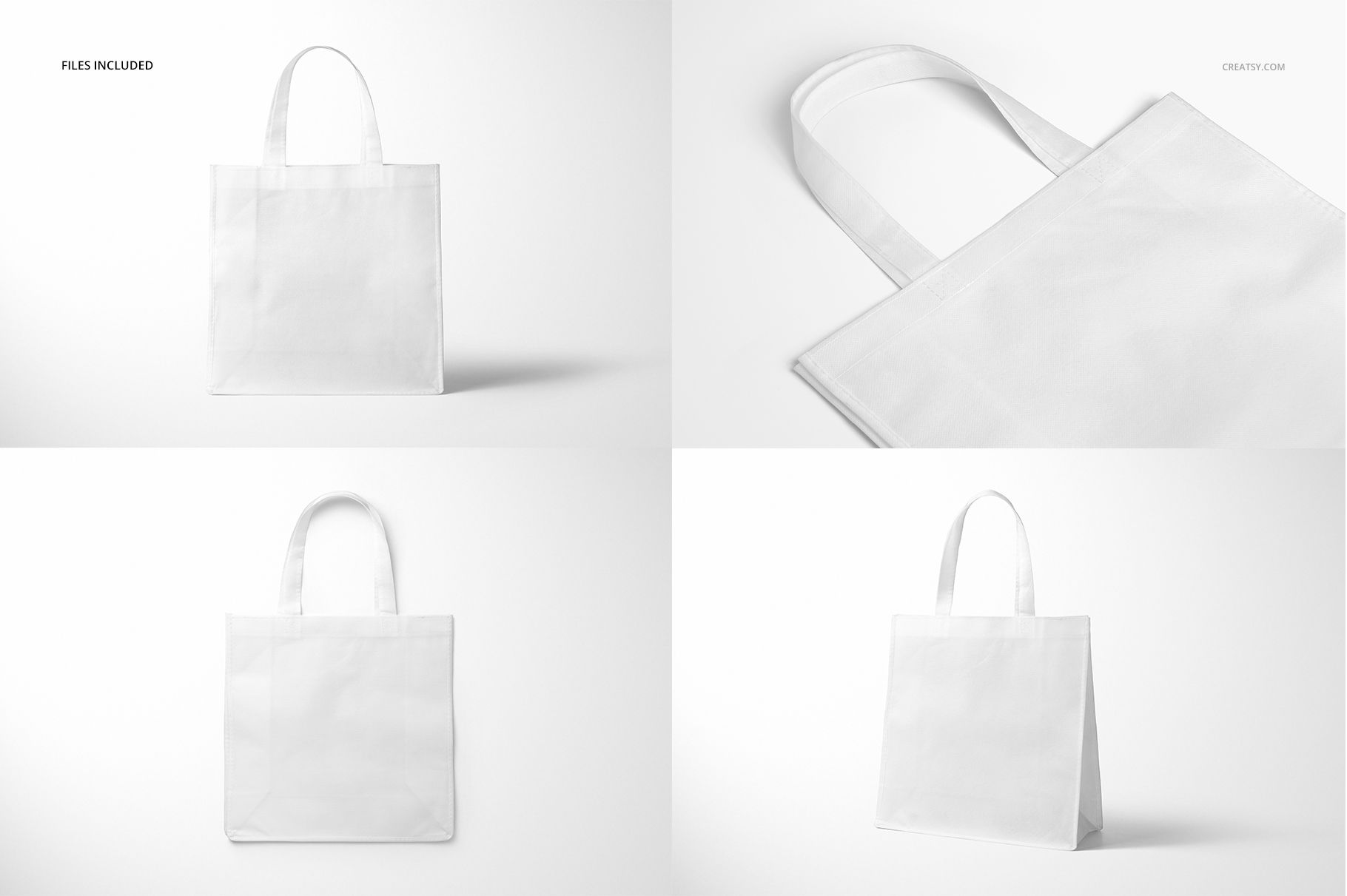White non-woven tote bag mockup shown from multiple angles, including front, side, and top perspectives on a plain background.