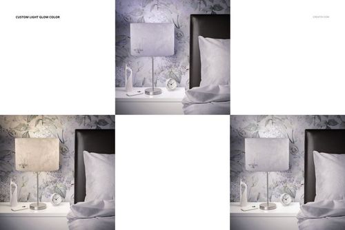Mockup of a bedroom bedside table with a lamp, pillow, and floral wallpaper, displayed in different lighting effects.