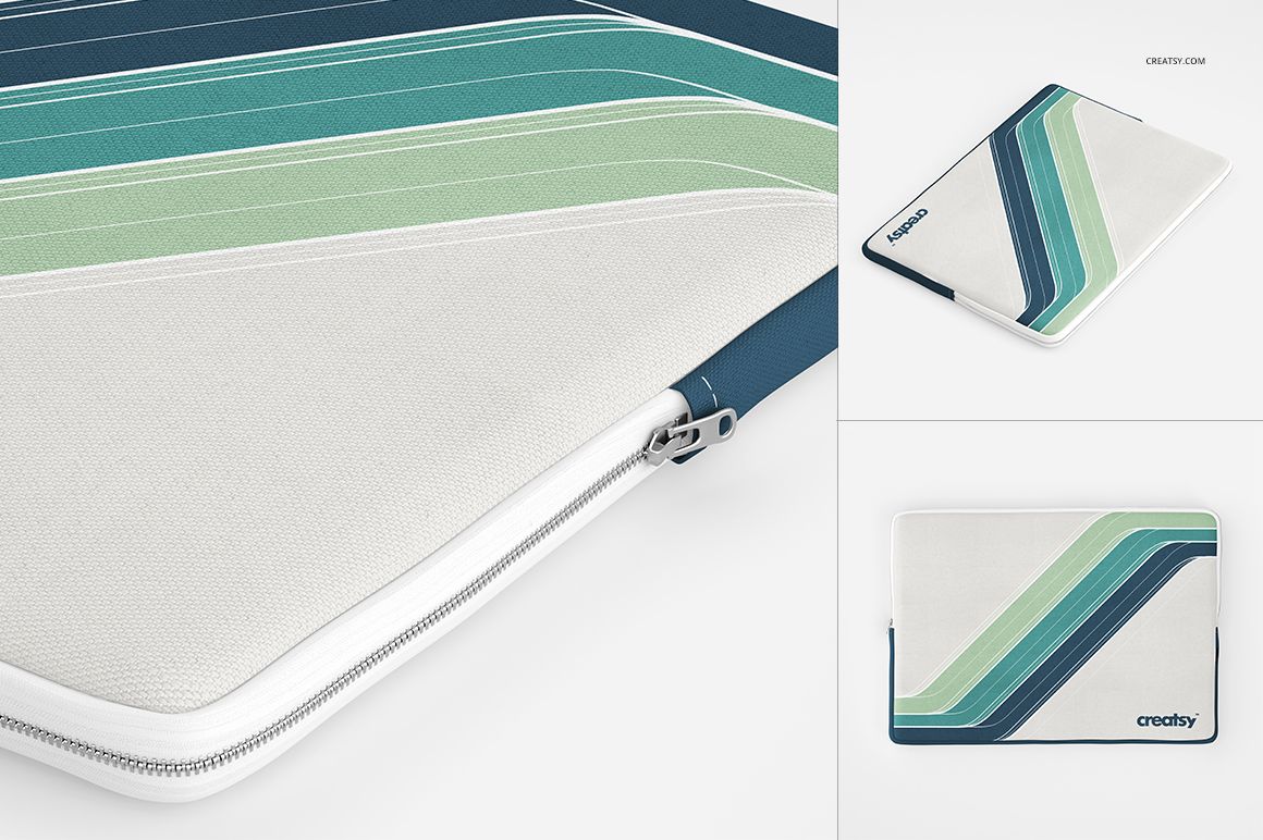 PSD mockup of a canvas laptop sleeve featuring curved green and blue stripes, displayed from multiple perspectives.