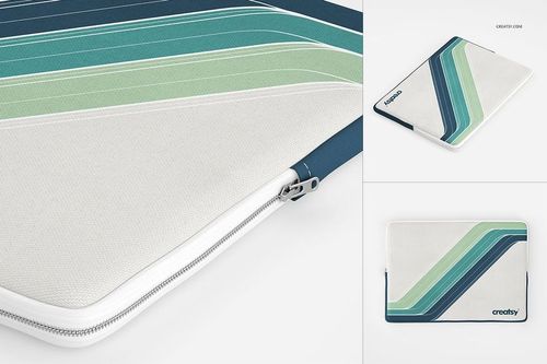 PSD mockup of a canvas laptop sleeve featuring curved green and blue stripes, displayed from multiple perspectives.