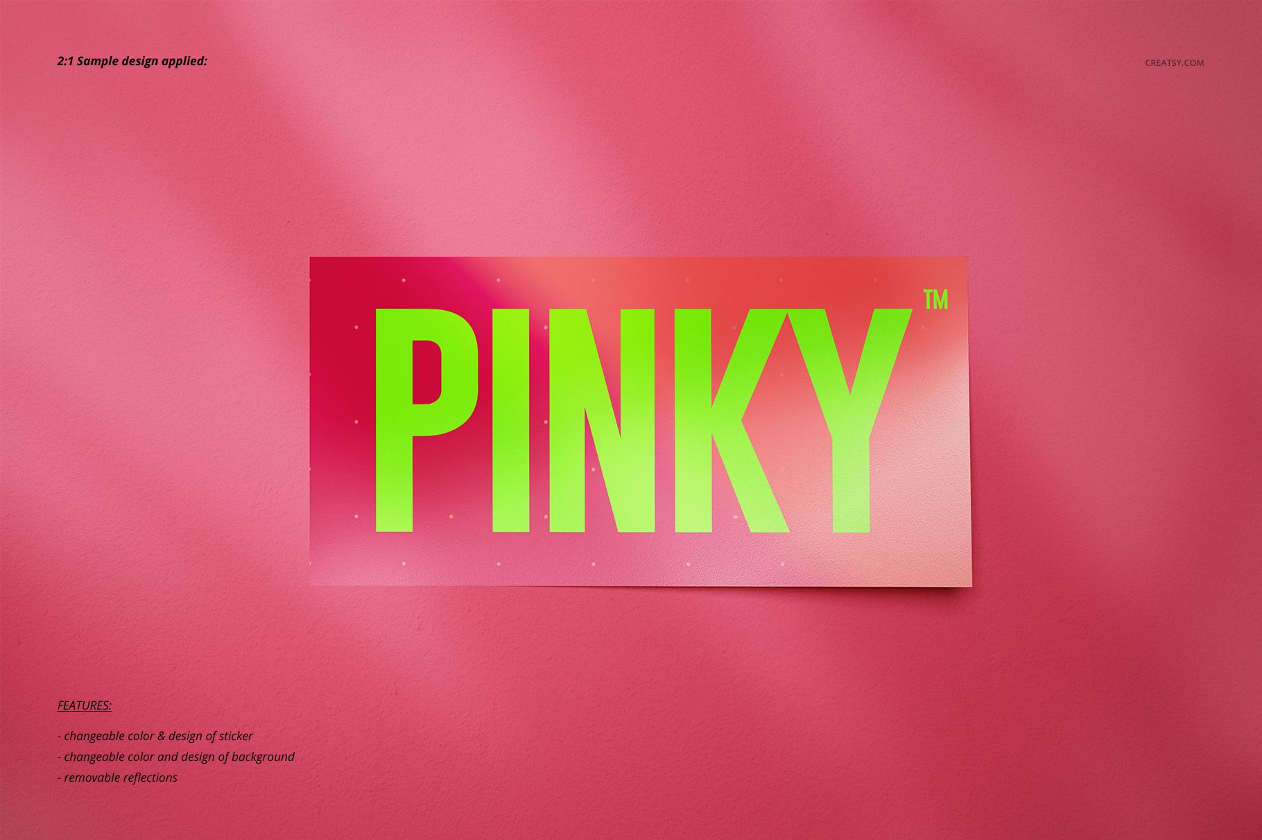 Sticker mockup featuring a neon green word on a pink and red gradient, placed flat on a textured pink background.