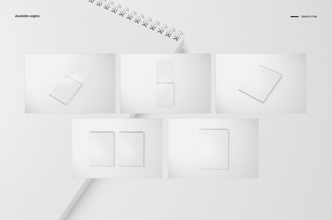 A4 vertical spiral notebook mockup set showing five different angles on a white background with blank covers.