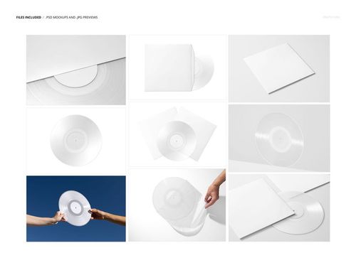 Translucent colored vinyl record mockup set showing clear records in various arrangements and perspectives.