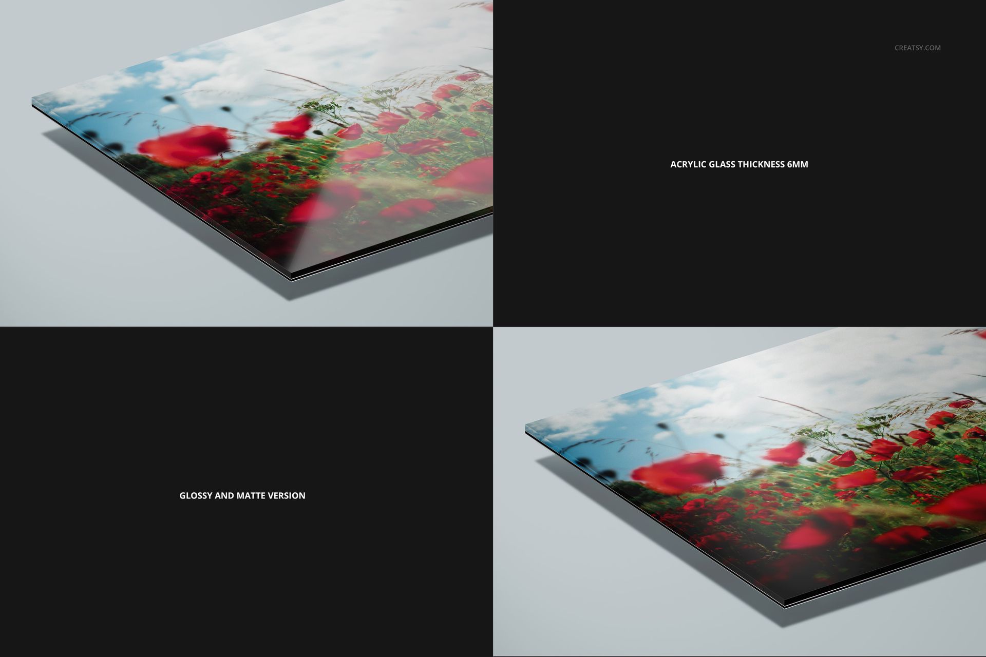 Acrylic glass print mockup with red poppy flower design, displayed on dibond aluminum in multiple thickness options.