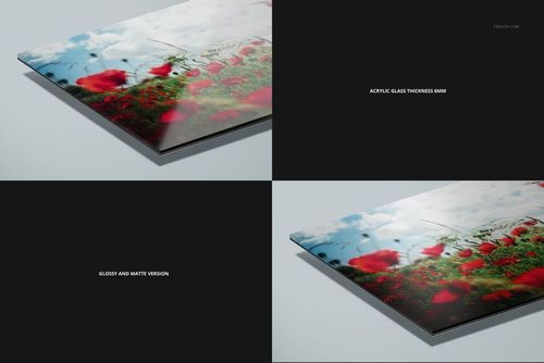 Acrylic glass print mockup with red poppy flower design, displayed on dibond aluminum in multiple thickness options.