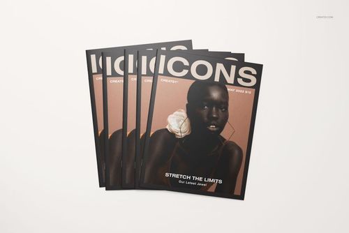 Set of five 8.5x11 magazine mockups arranged in a fan shape, featuring a dark cover design and large text.