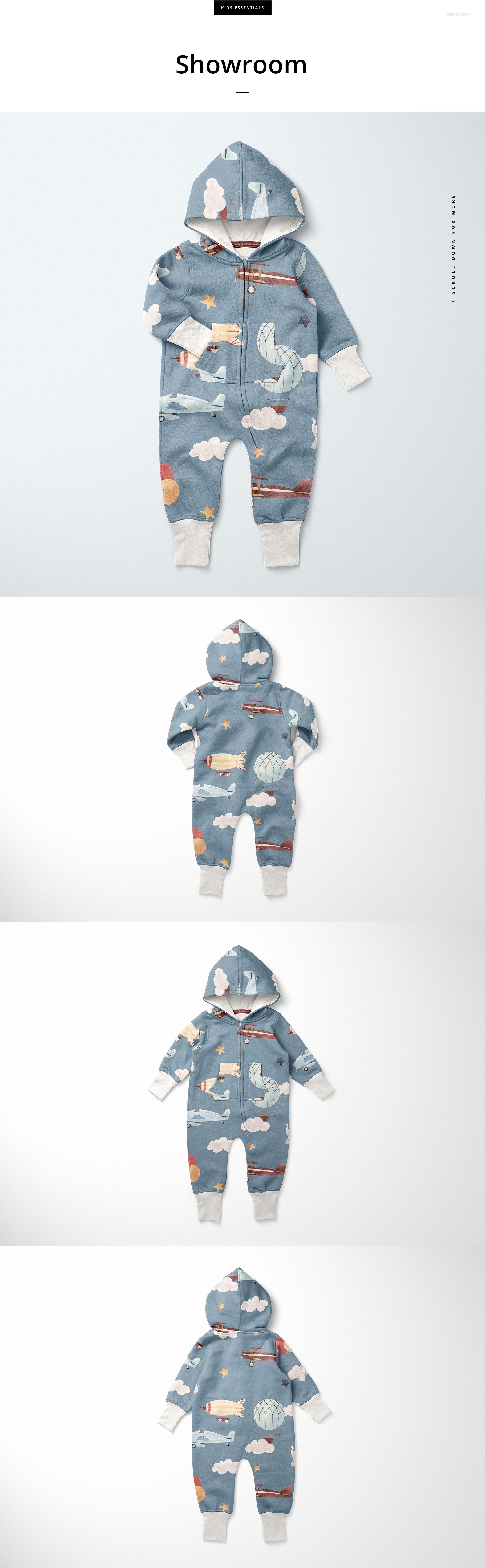 Front view of a baby toddler fleece onesie mockup in blue with playful animal and cloud illustrations on a light background.
