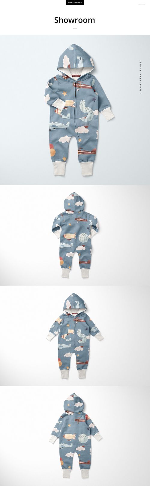 Front view of a baby toddler fleece onesie mockup in blue with playful animal and cloud illustrations on a light background.