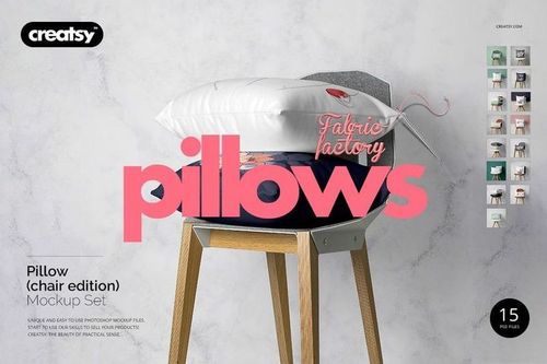Pillow mockup set featuring stacked cushions on a chair, surrounded by small preview images of other pillow scenes.