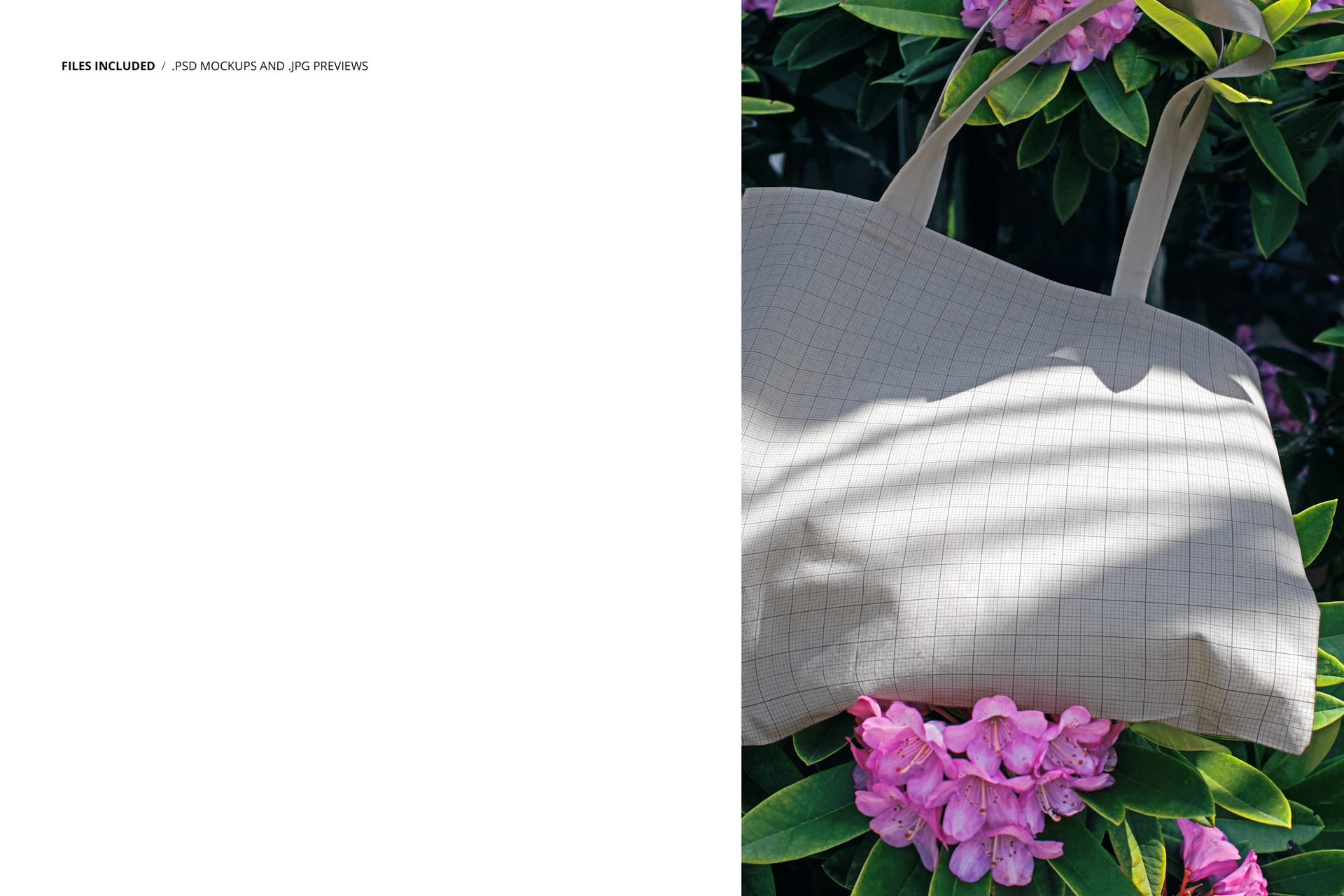 PSD mockup showing a tote bag draped over an oleander bush, featuring soft shadows and floral accents.