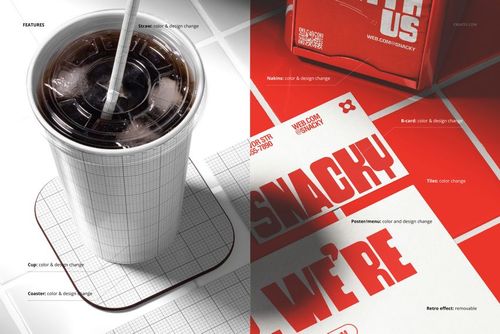 Top view of a drinkware and tableware mockup featuring a paper cup, coaster, napkin, business card, flyer, and box.