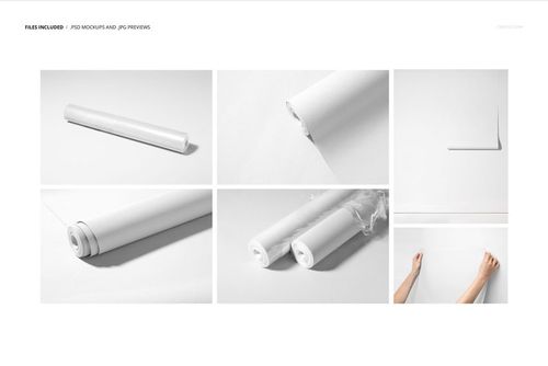 Non-woven vinyl wallpaper mockup set showing rolled and unrolled sheets in white, displayed on a flat surface.