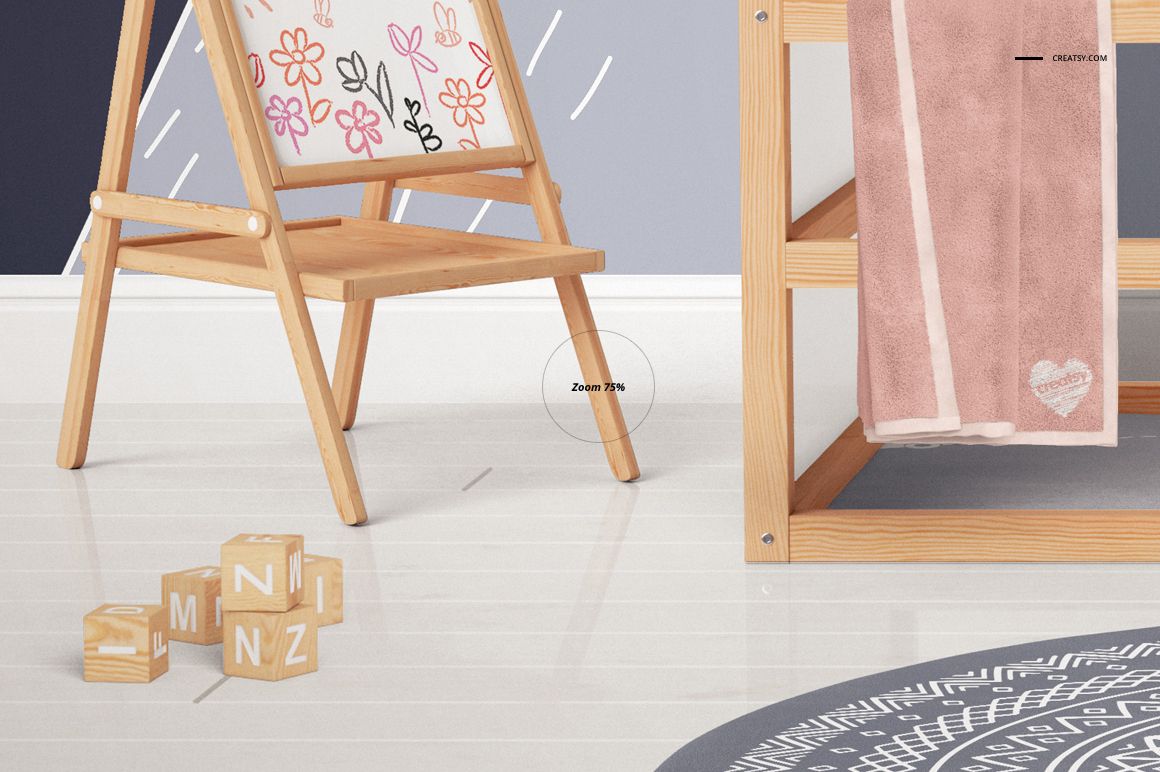 Front view of a children's room mockup with a wooden chair, alphabet blocks, and a towel hanging on a bunk bed.