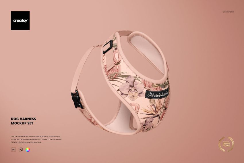 Dog harness mockup featuring a pastel pink color and botanical design, shown from a slightly angled perspective.