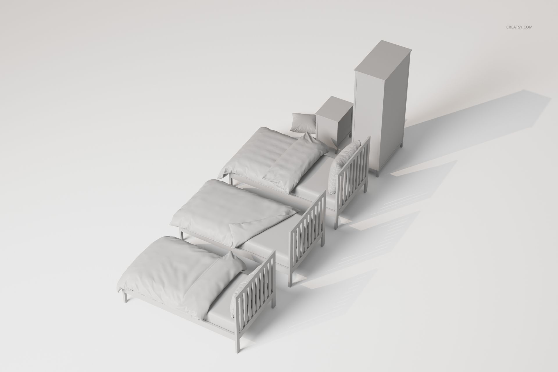 Three kids beds with simple bedding, a nightstand, and a wardrobe arranged in a minimalist white room, top view.