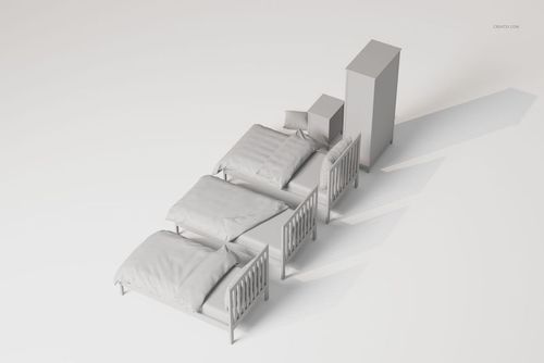 Three kids beds with simple bedding, a nightstand, and a wardrobe arranged in a minimalist white room, top view.