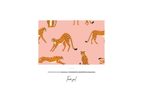 Top view of a rectangular natural coir door mat mockup featuring an orange cheetah pattern on a pink background.